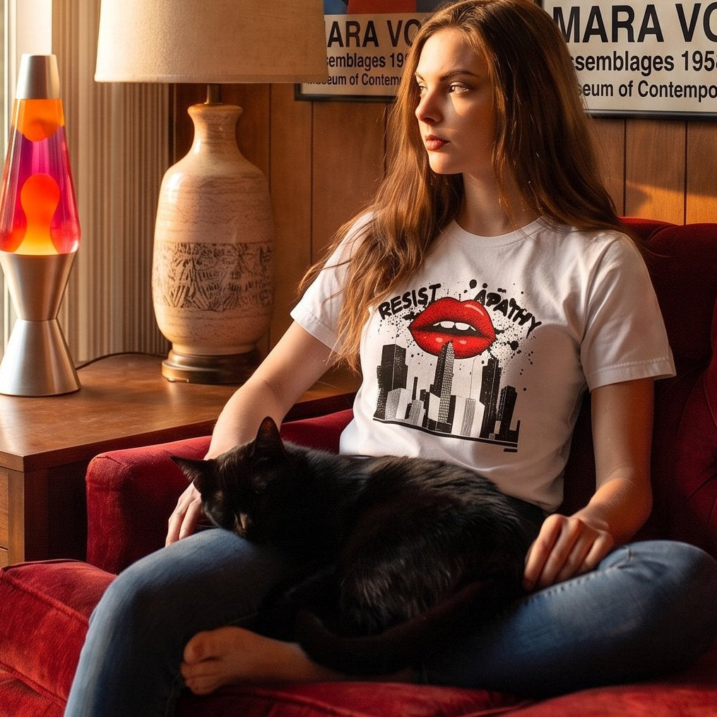 Apathy retro-inspired graphic tee worn by woman in mid-century modern room with black cat and lava lamp — Galactic Ink Club
