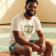 Bainbridge Pickleball Est. 1965 retro graphic tee on male model in a gym— Galactic Ink Club
