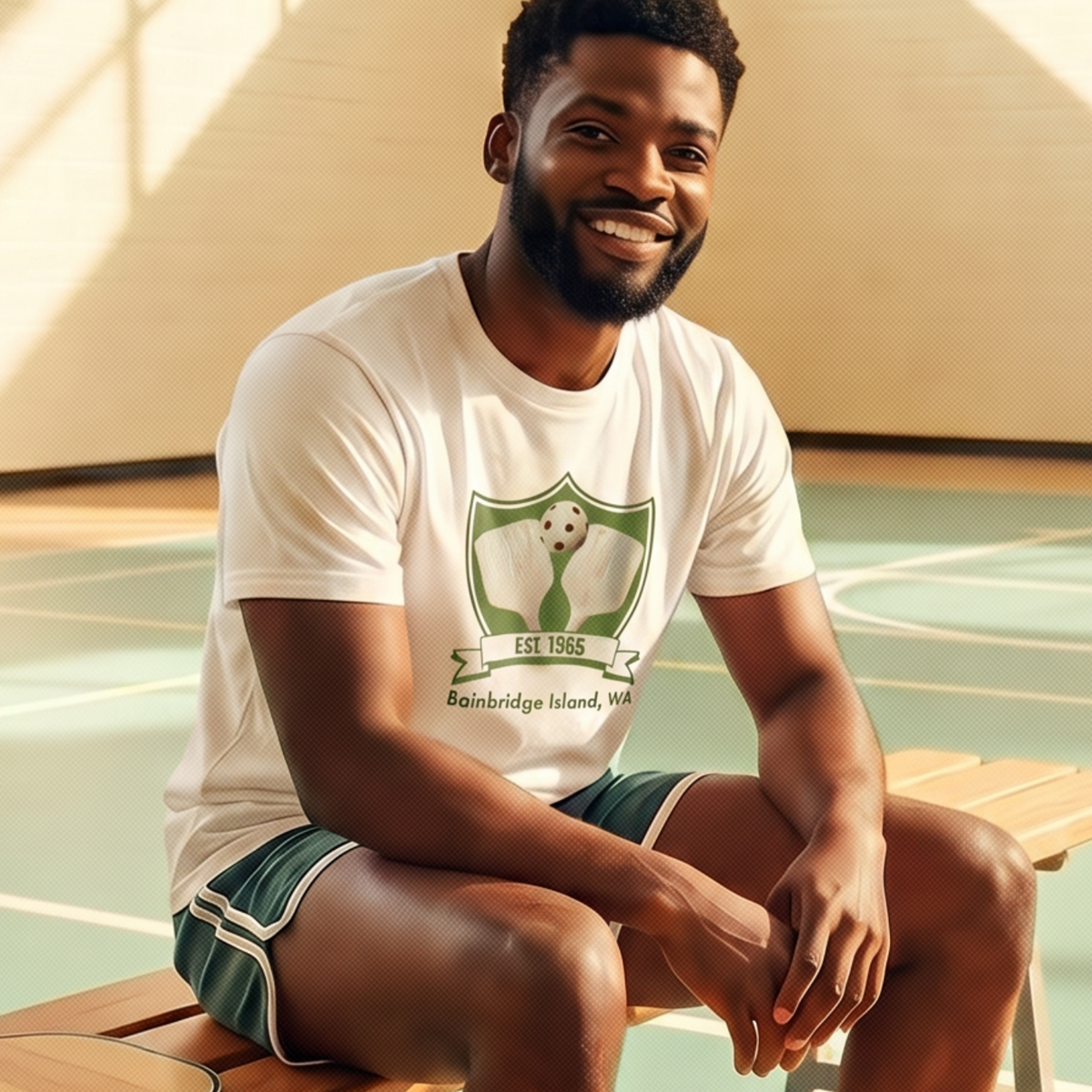 Bainbridge Pickleball Est. 1965 retro graphic tee on male model in a gym— Galactic Ink Club
