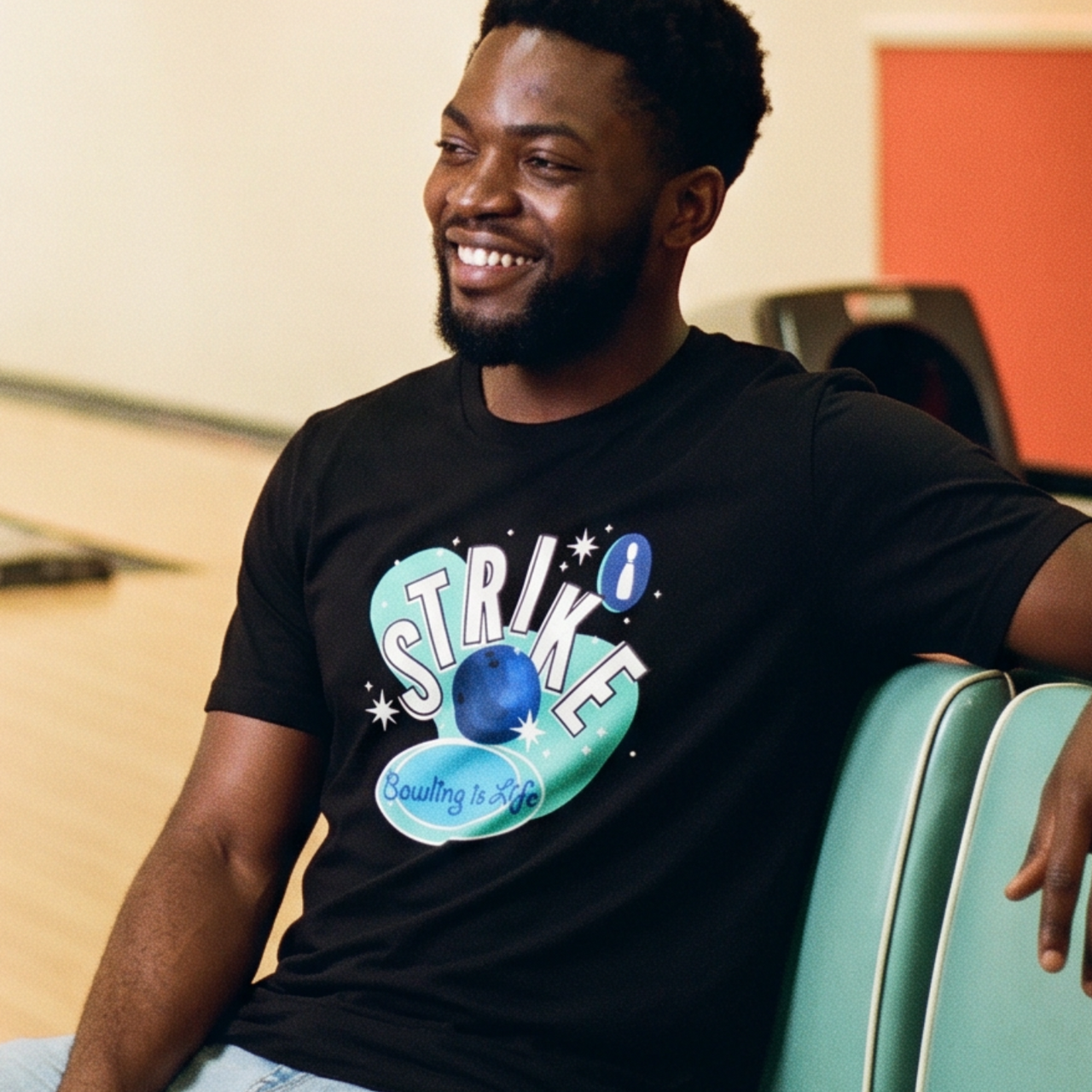 Bowling Retro-Inspired Graphic Tee on male model — Galactic Ink Club
