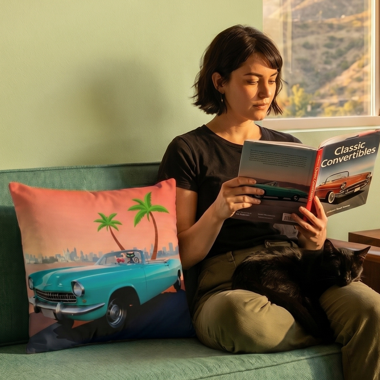 Retro Black Cat in Turquoise Convertible Throw Pillow | Mid-Century Modern Decor