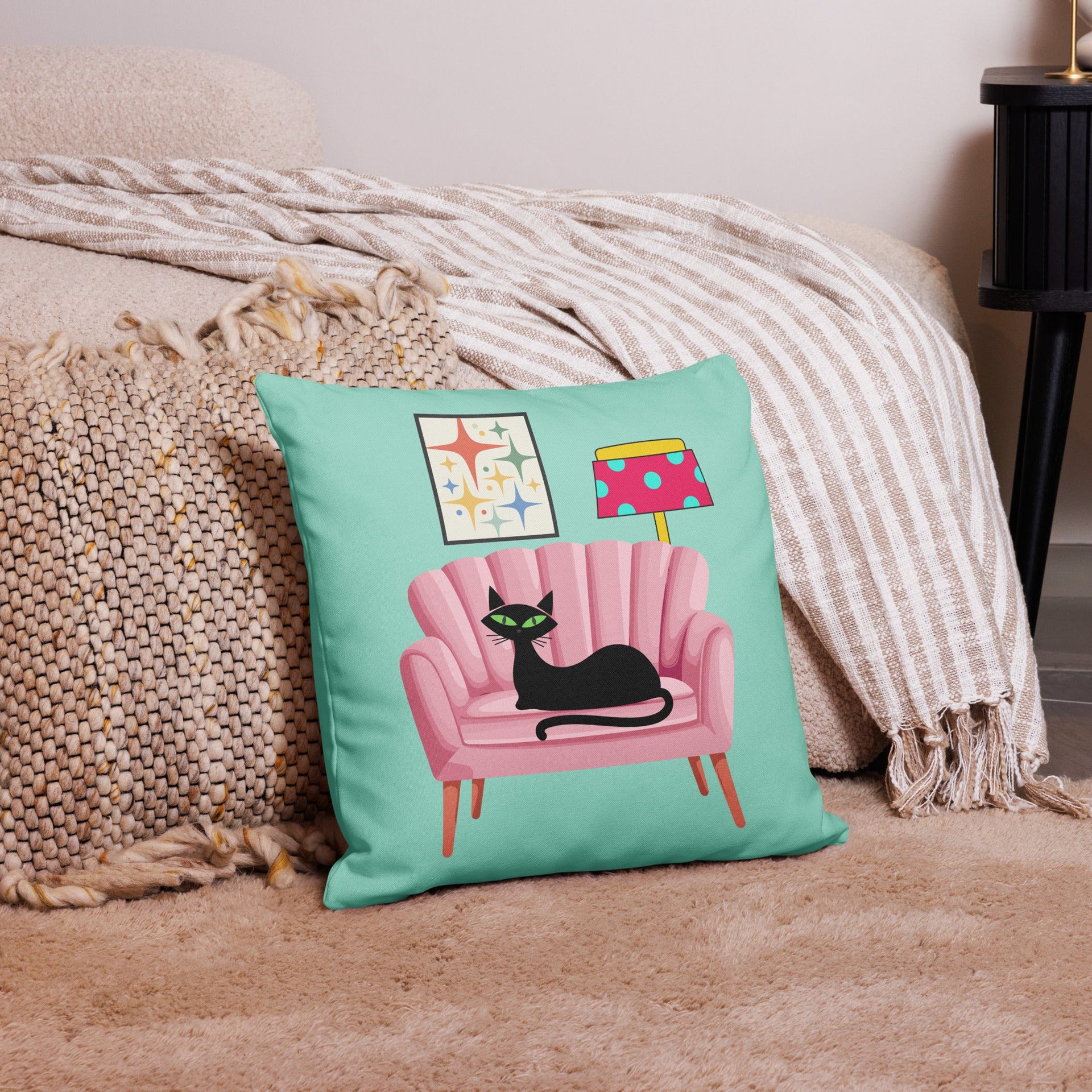 Black Cat on a Pink Sofa retro illustration Pillow by Galactic Ink Club
