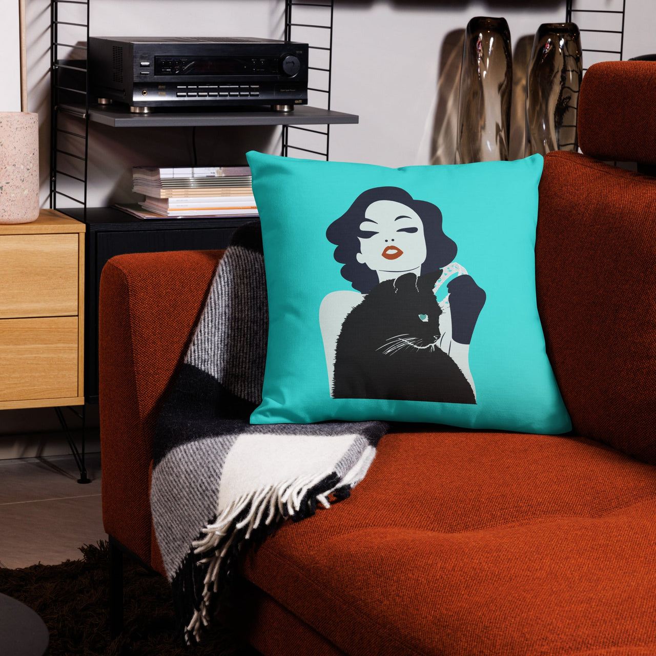 Woman and Black Cat retro illustration Pillow by Galactic Ink Club

