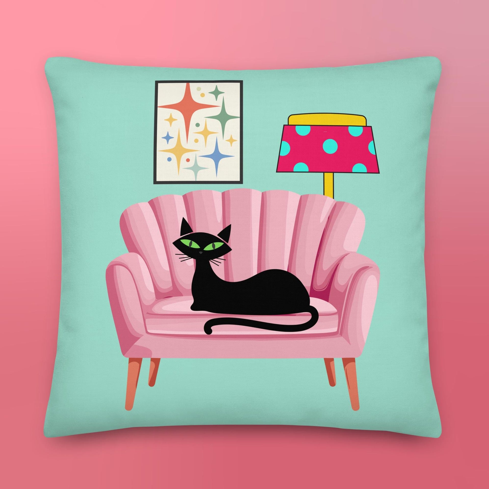 Black Cat on a Coral Couch retro illustration Pillow by Galactic Ink Club
