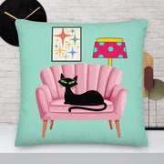 Black Cat on a Coral Couch retro illustration Pillow by Galactic Ink Club