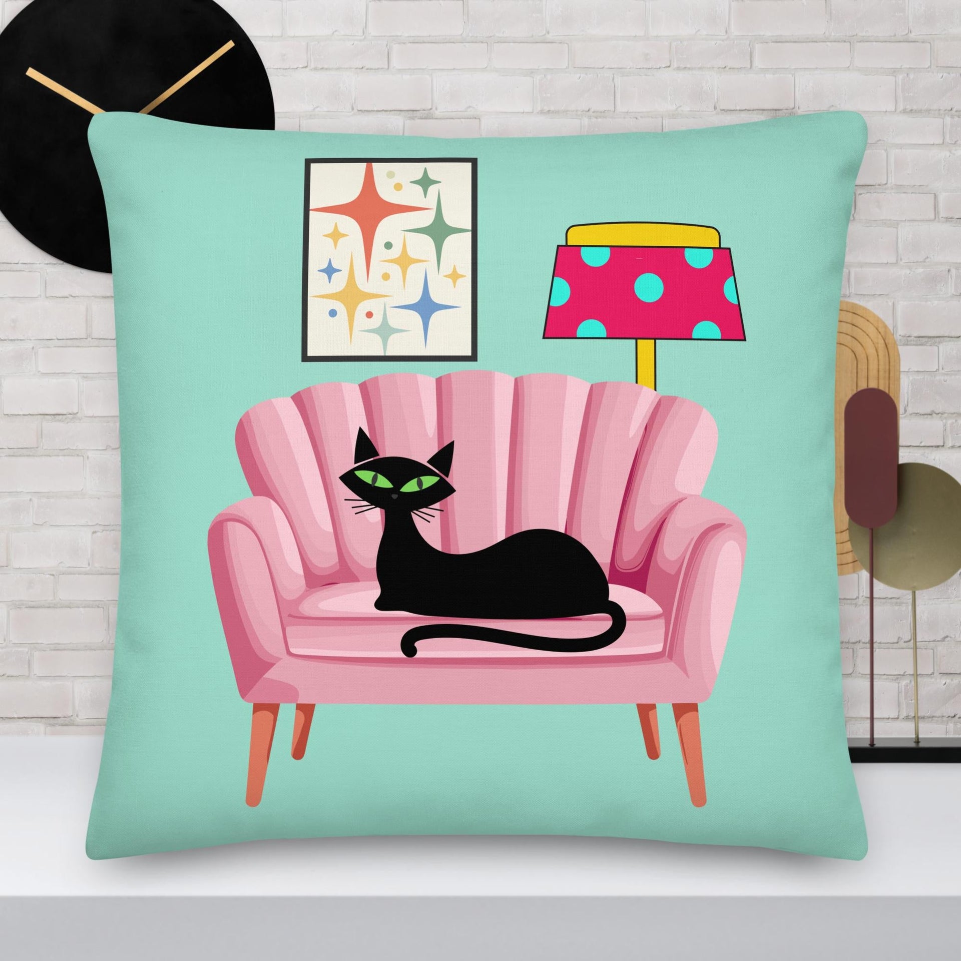 Black Cat on a Coral Couch retro illustration Pillow by Galactic Ink Club