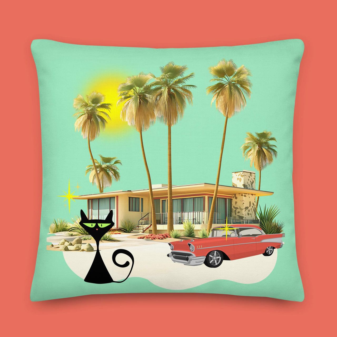 Black Cat in Palm Springs retro illustration Pillow by Galactic Ink Club
