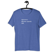 Aperture Retro-Inspired Graphic Tee retro graphic t-shirt in heather true royal on hanger — Galactic Ink Club

