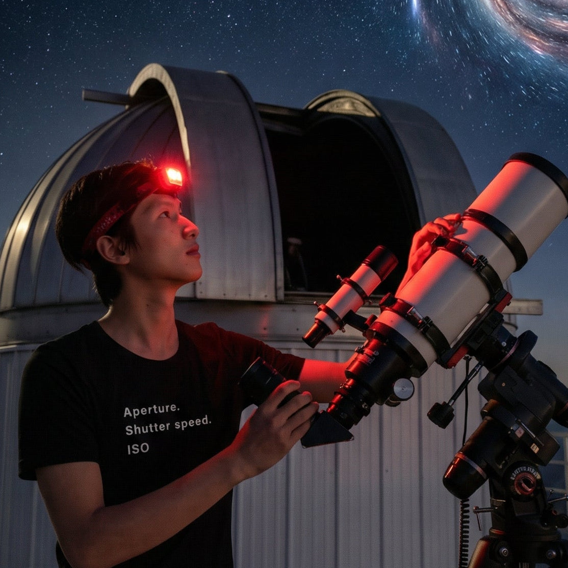 Aperture Retro-Inspired Graphic Tee retro graphic t-shirt on man using a camera at night — Galactic Ink Club

