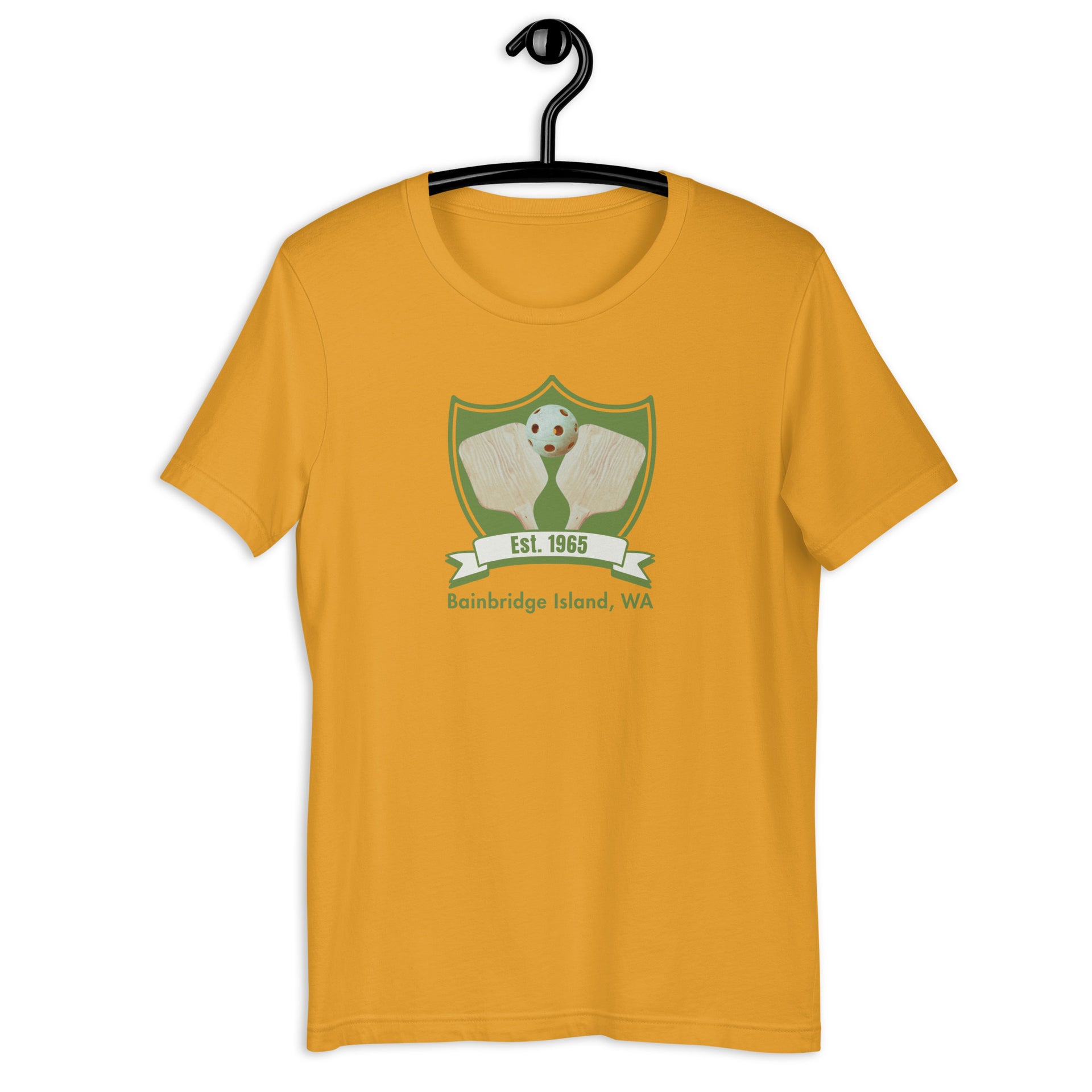 Bainbridge Pickleball Est. 1965 retro graphic tee in mustard — Galactic Ink Club