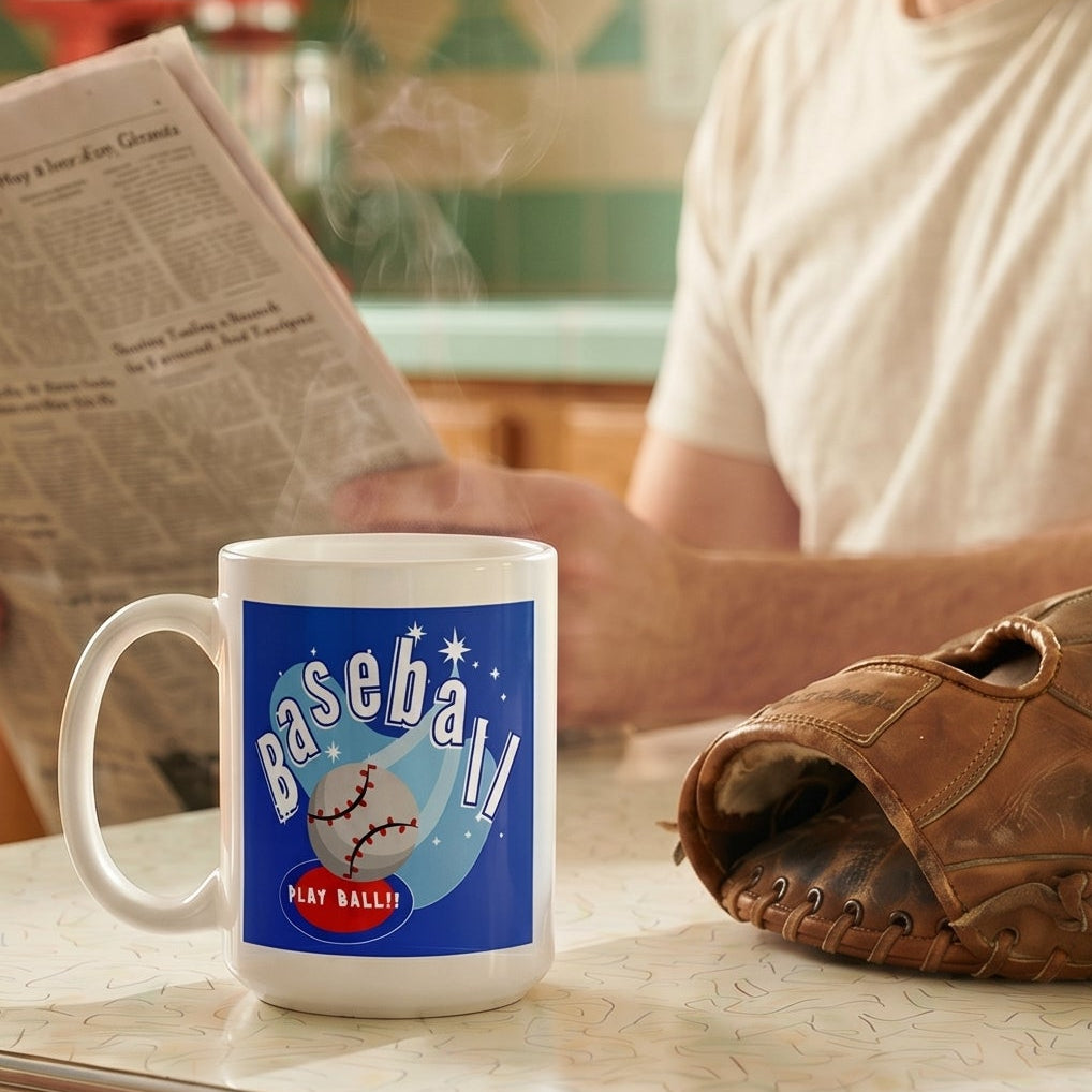 Baseball retro graphic mug with baseball glove and man reading newspaper in retro kitchen — Galactic Ink Club

