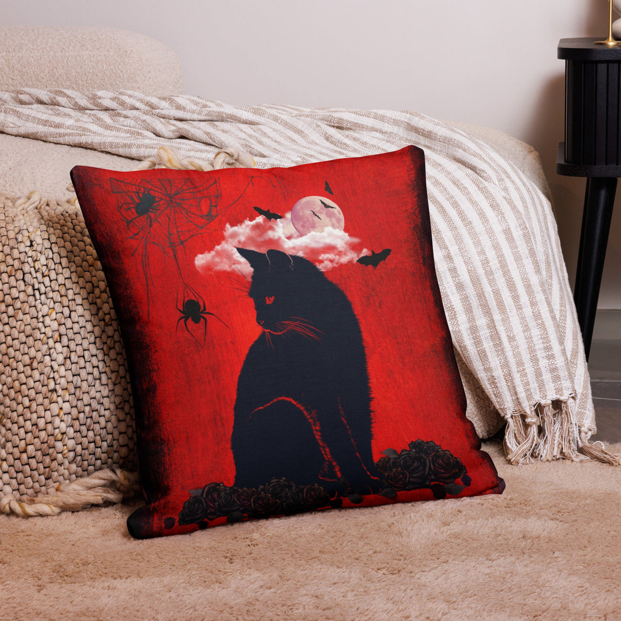 Black Cat Retro Illustration Pillow by Galactic Ink Club
