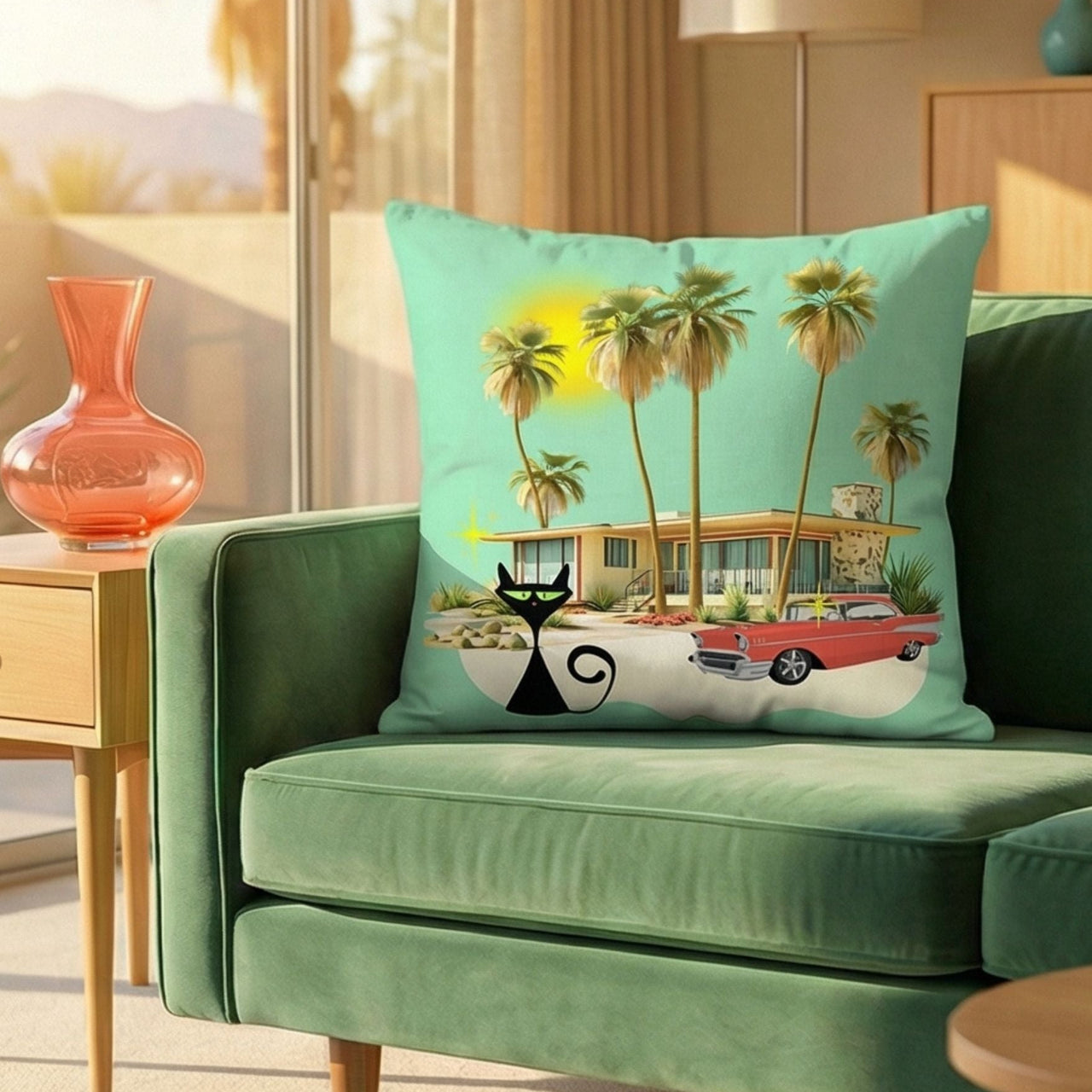 Black Cat in Palm Springs retro illustration Pillow on a green couch by Galactic Ink Club
