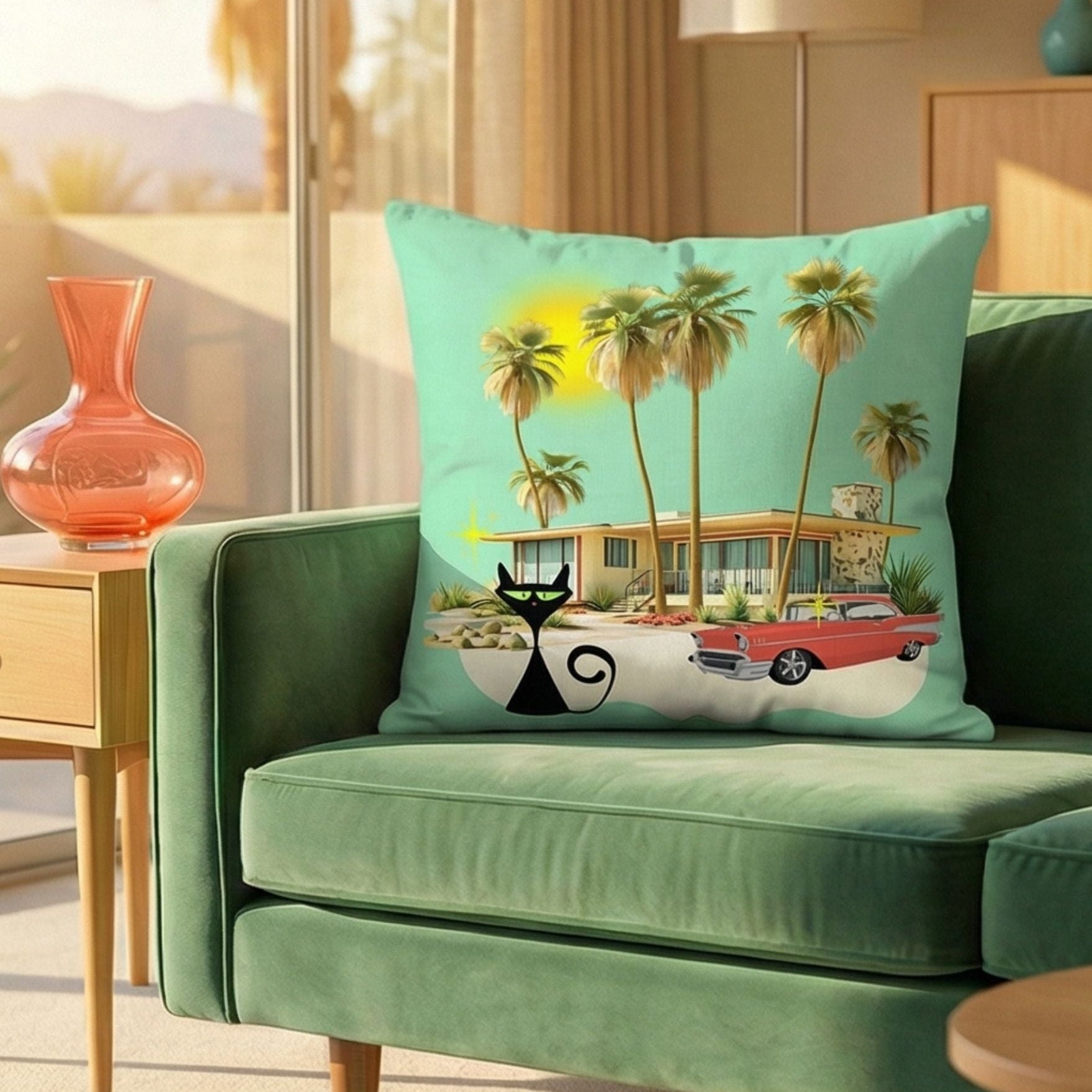 Black Cat in Palm Springs retro illustration Pillow on a green couch by Galactic Ink Club

