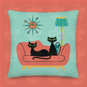 Black Cat on a Coral Couch retro illustration Pillow by Galactic Ink Club
