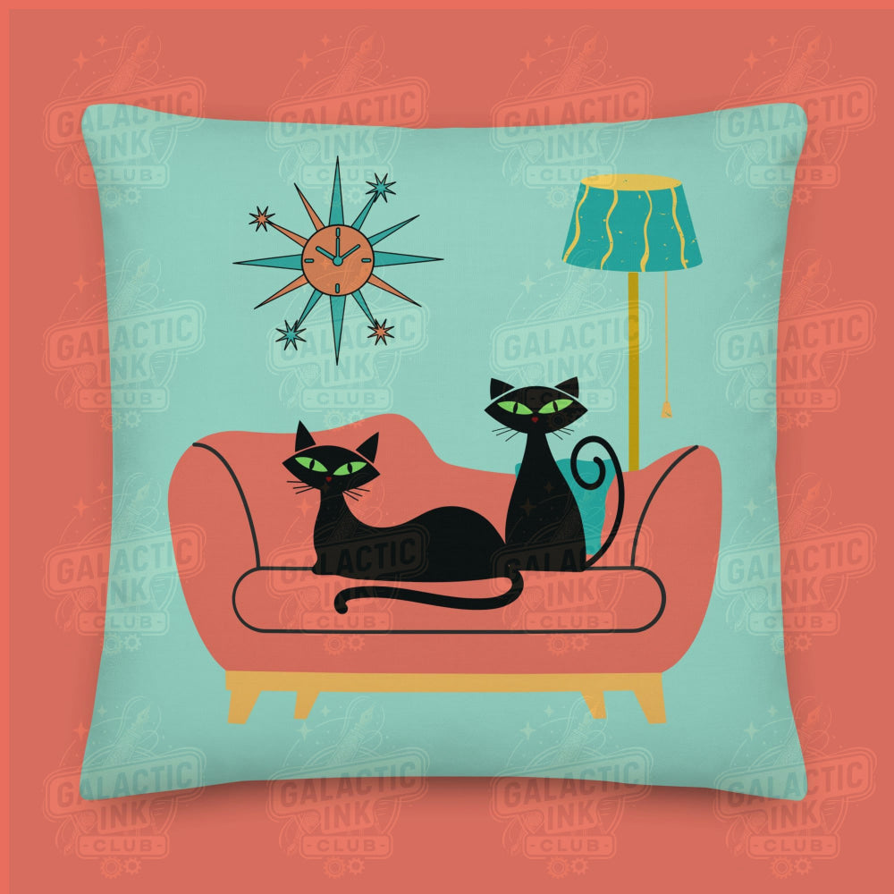 Black Cat on a Coral Couch retro illustration Pillow by Galactic Ink Club
