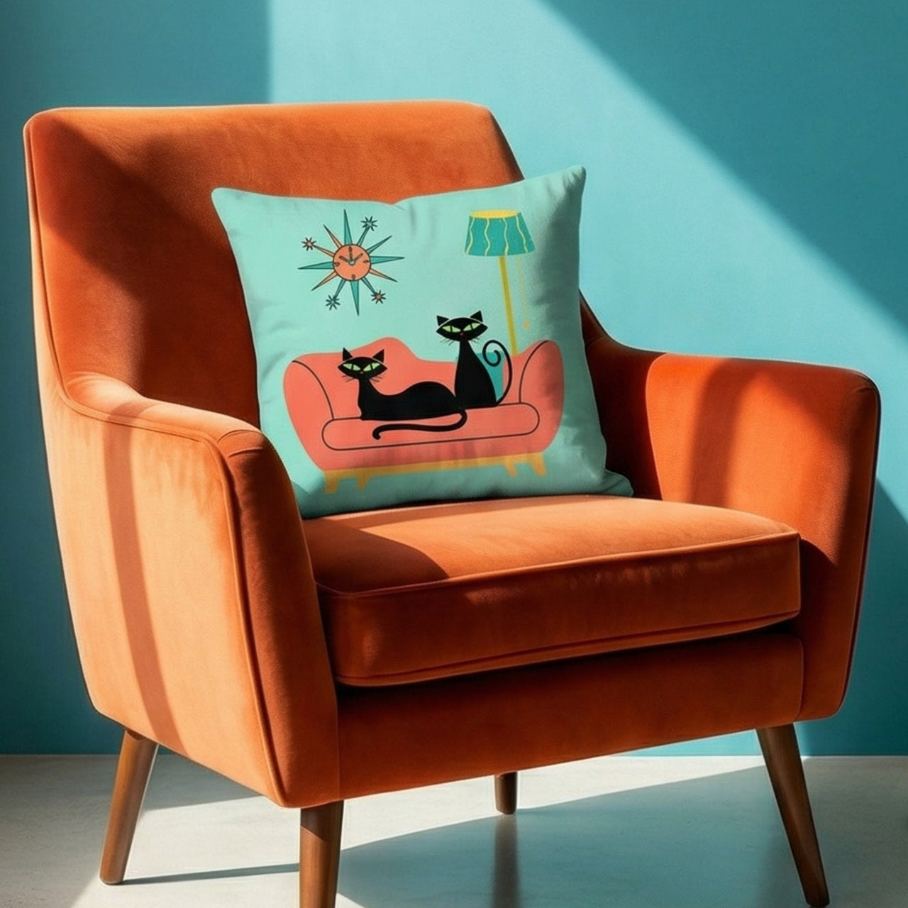Orange chair with Black Cat on a Coral Couch retro illustration Pillow by Galactic Ink Club