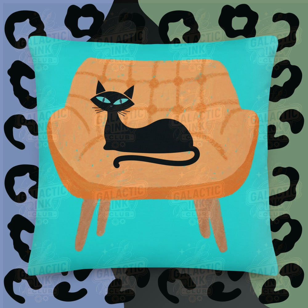 Black Cat on Chair Retro Illustration Pillow by Galactic Ink Club
