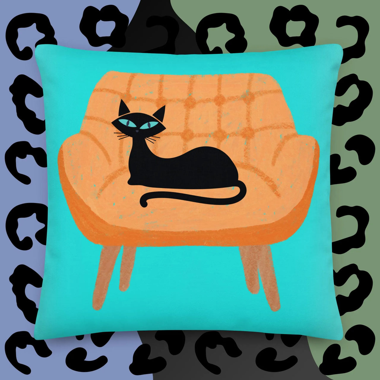 Black Cat on Chair Retro Premium Pillow