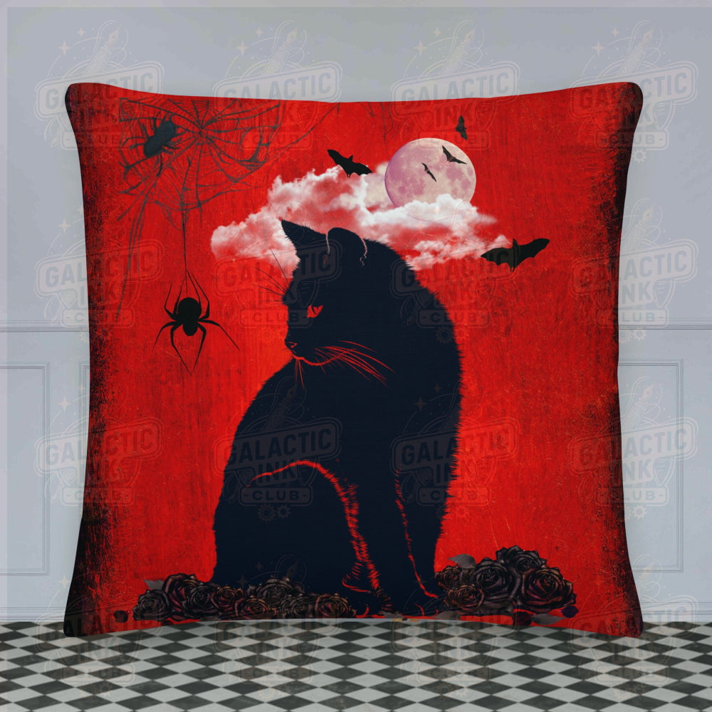 Black Cat Retro Illustration Pillow by Galactic Ink Club
