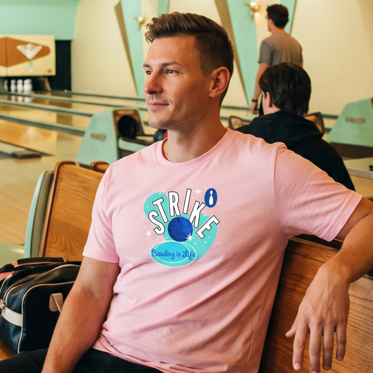 Bowling Retro-Inspired Graphic Tee on male model in pink in bowling alley setting — Galactic Ink Club