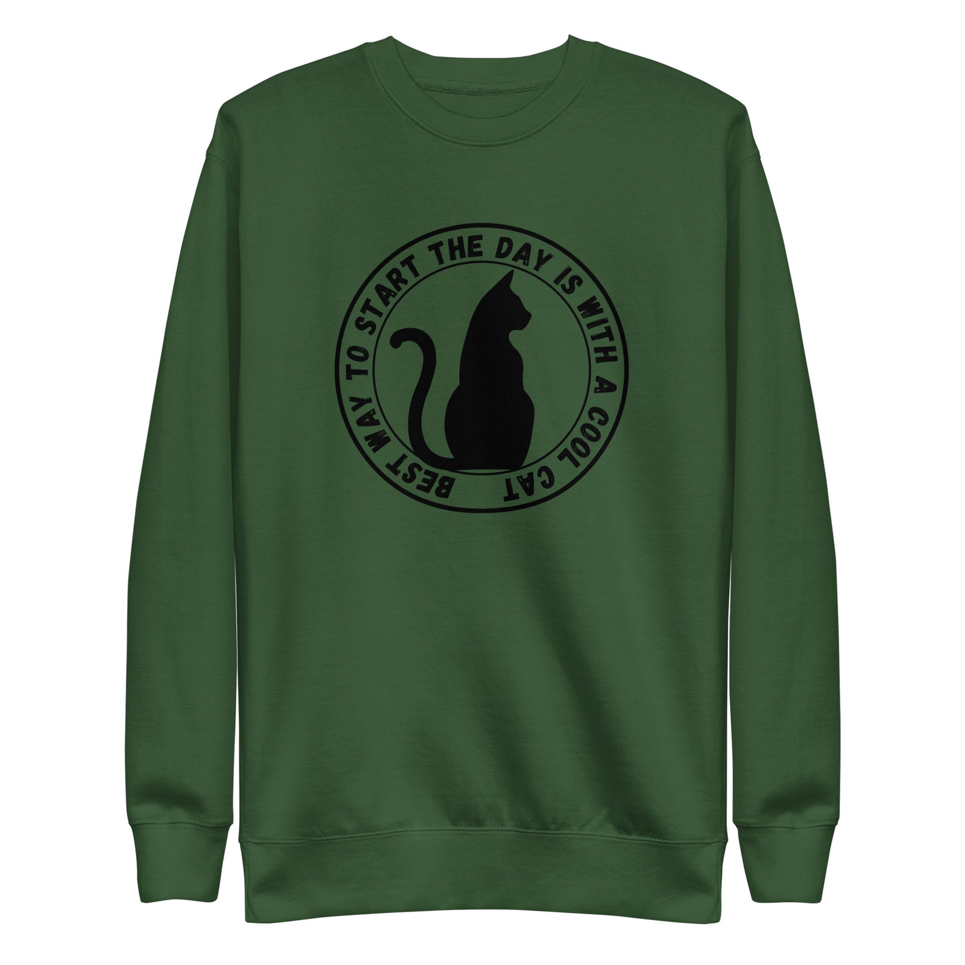 Cat Day retro-inspired black cat sweatshirt in forest green — Galactic Ink Club
