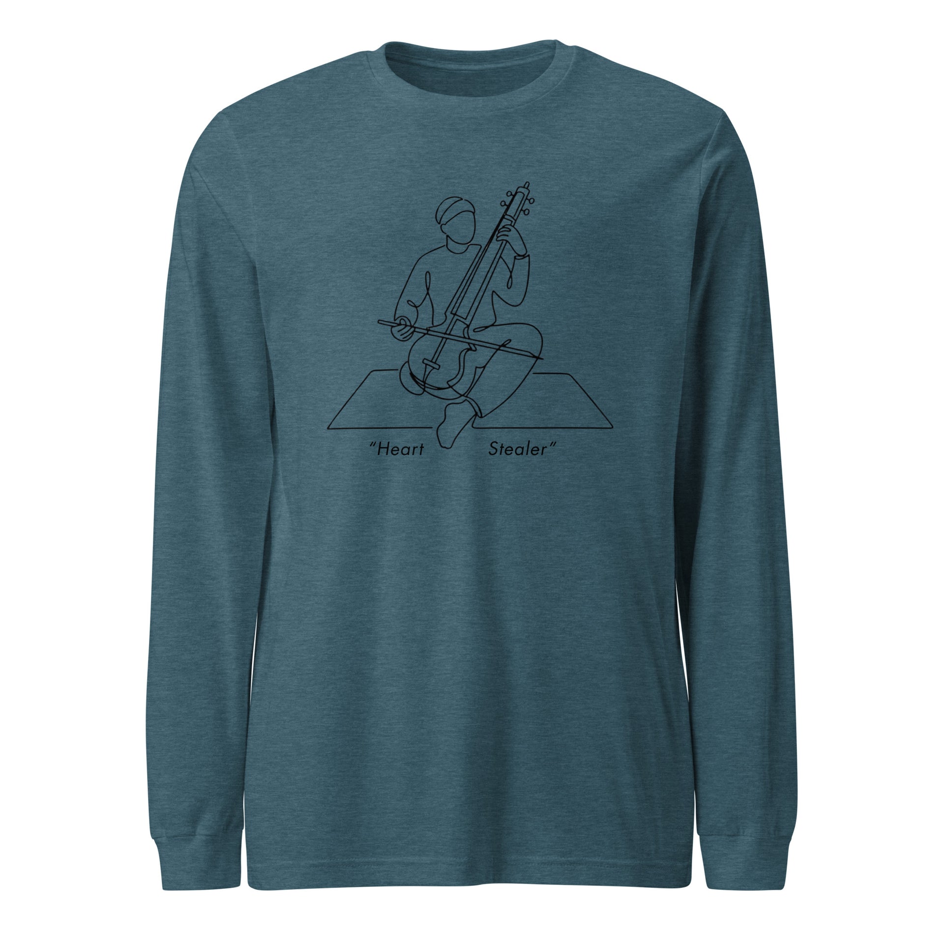 Mid-century Dilruba retro-inspired graphic long sleeve shirt in heather deep teal — Galactic Ink Club
