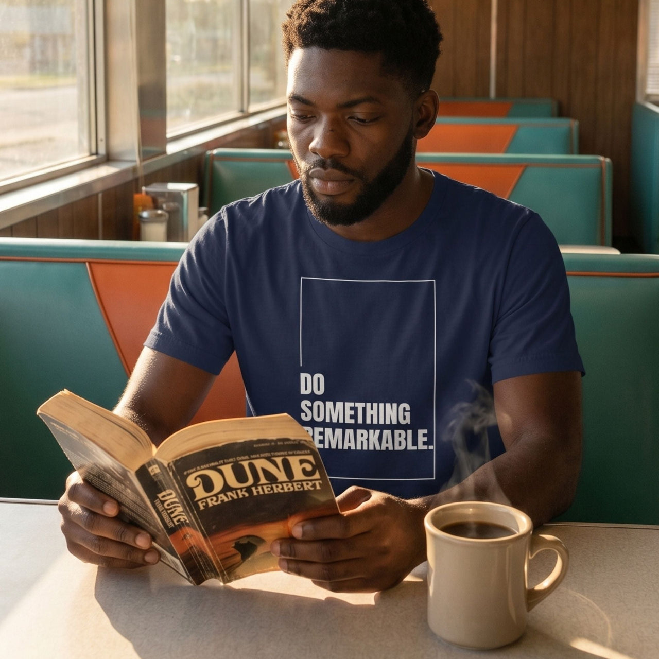 Do Something Remarkable retro-inspired graphic tee worn by man in mid-century modern setting reading a book— Galactic Ink Club