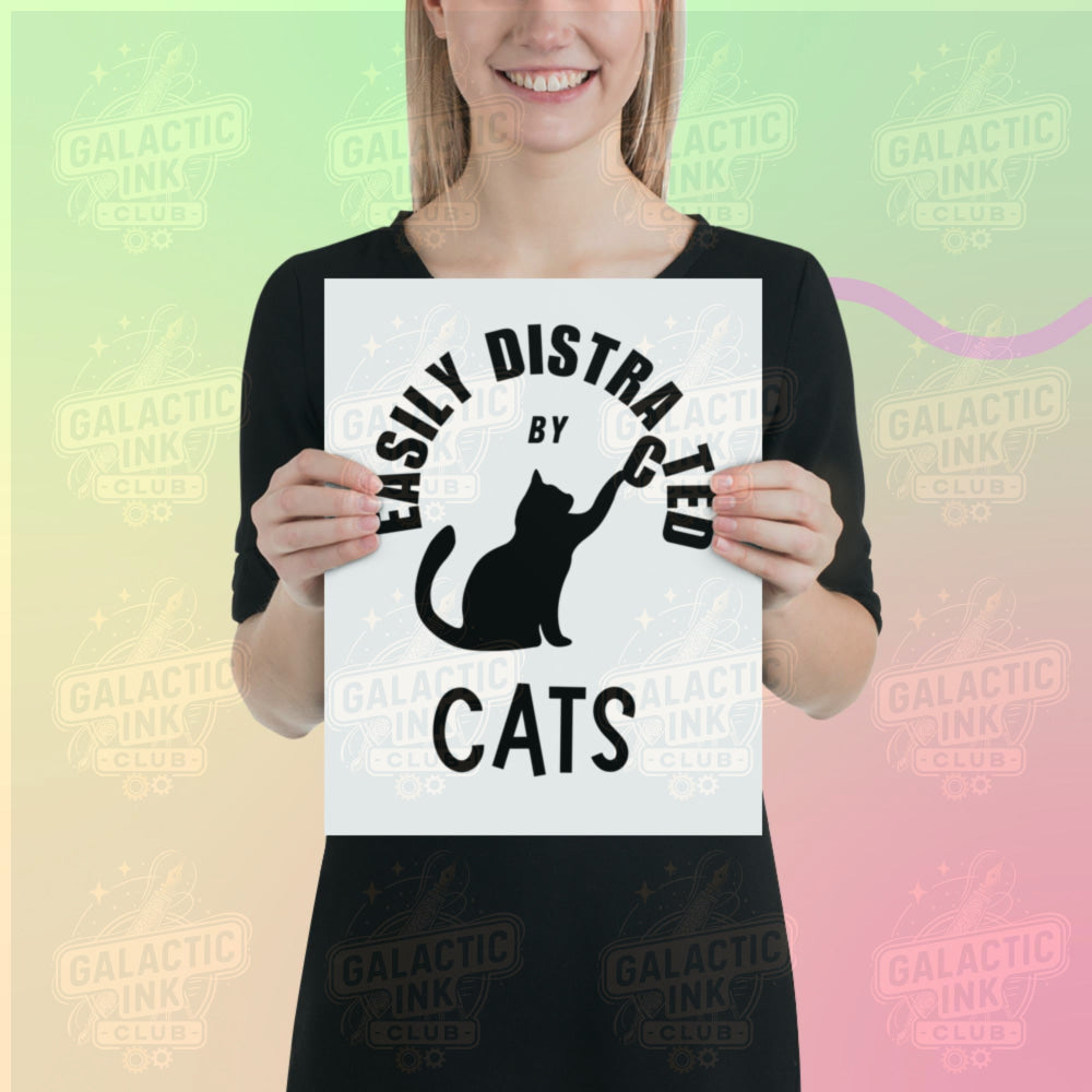 Easily Distracted by Cats retro illustration poster by Galactic Ink Club
