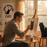 Easily distracted by cats retro-inspired wall art print in lifestyle setting — Galactic Ink Club
