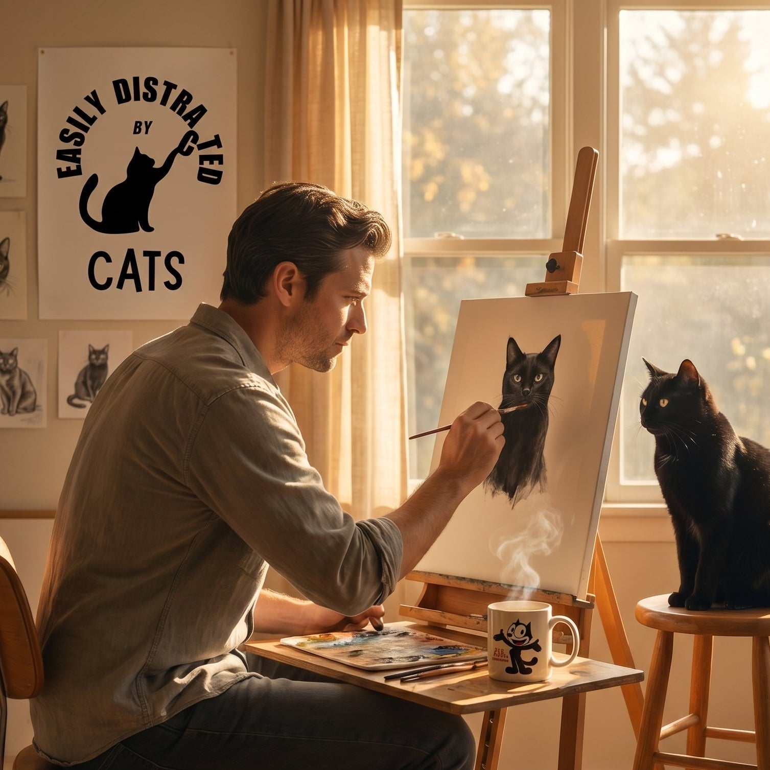 Easily distracted by cats retro-inspired wall art print in lifestyle setting — Galactic Ink Club