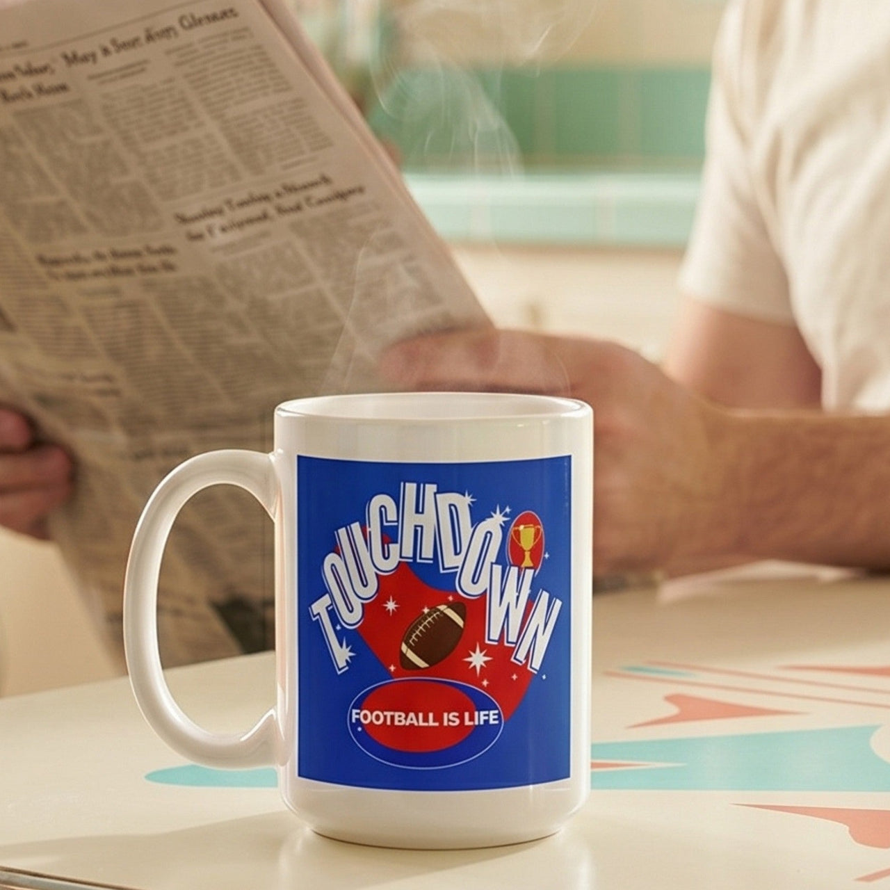 Football retro graphic mug with man reading newspaper and pennants in retro kitchen — Galactic Ink Club