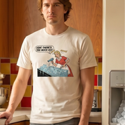 Freezer Frustration retro-inspired graphic tee worn by man standing beside too much ice flowing out of the refrigerator— Galactic Ink Club