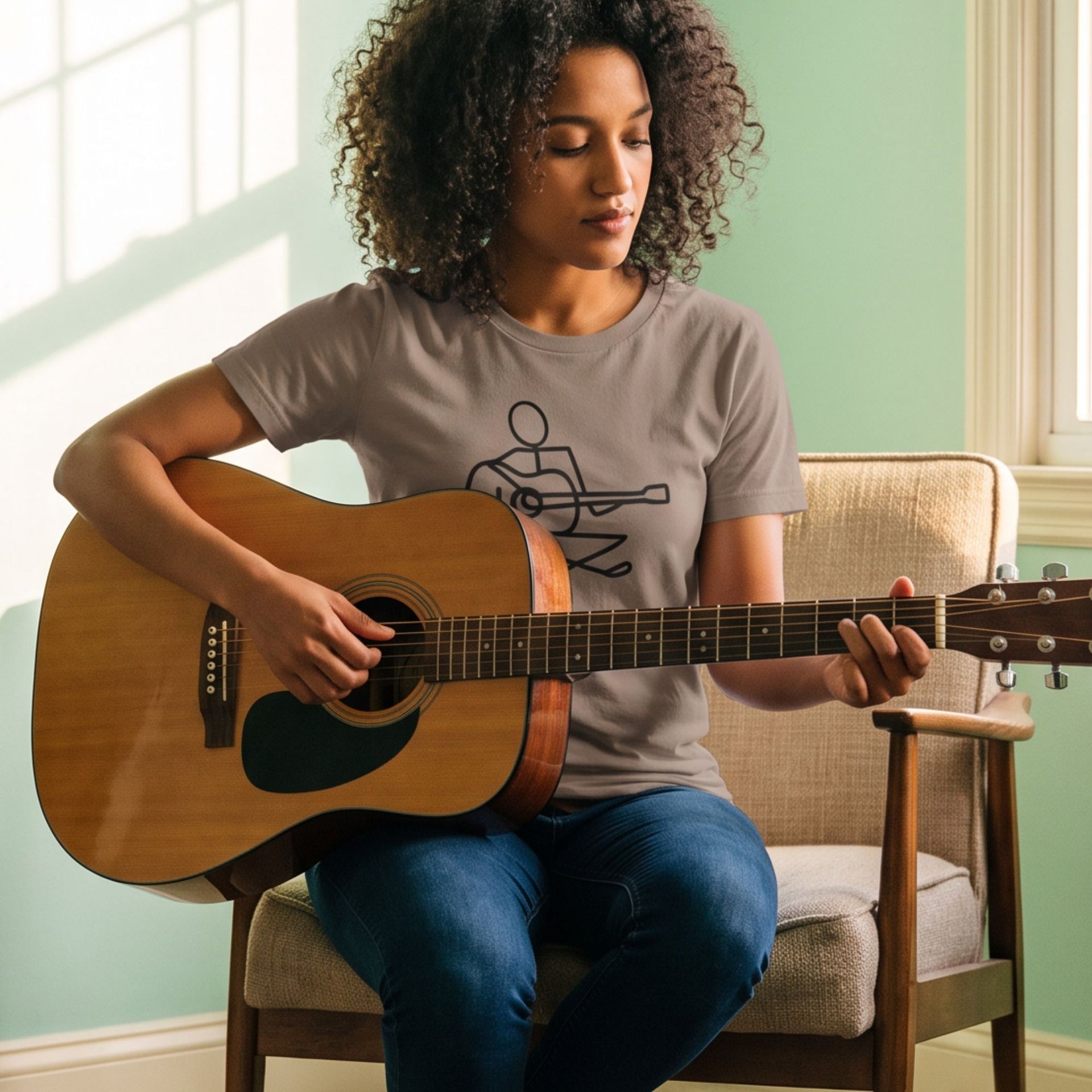 Guitar Player Retro-Inspired Graphic Tee on woman playing acoustic guitar  — Galactic Ink Club
