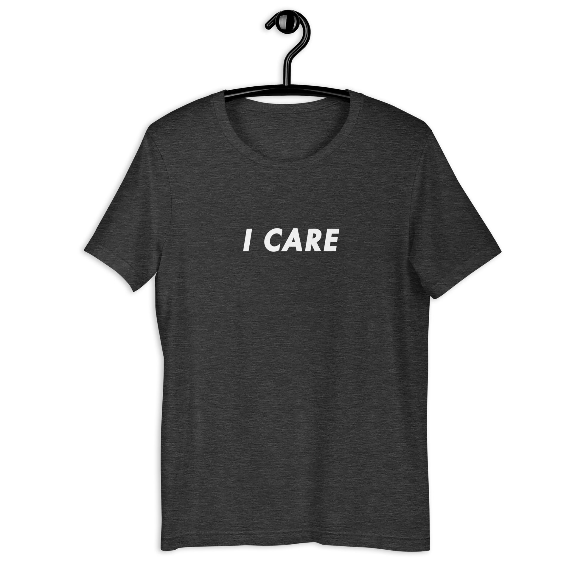 I Care retro-inspired dark graphic tee in dark grey heather — Galactic Ink Club
