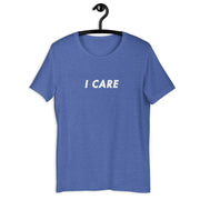 I Care retro-inspired dark graphic tee in heather true royal — Galactic Ink Club
