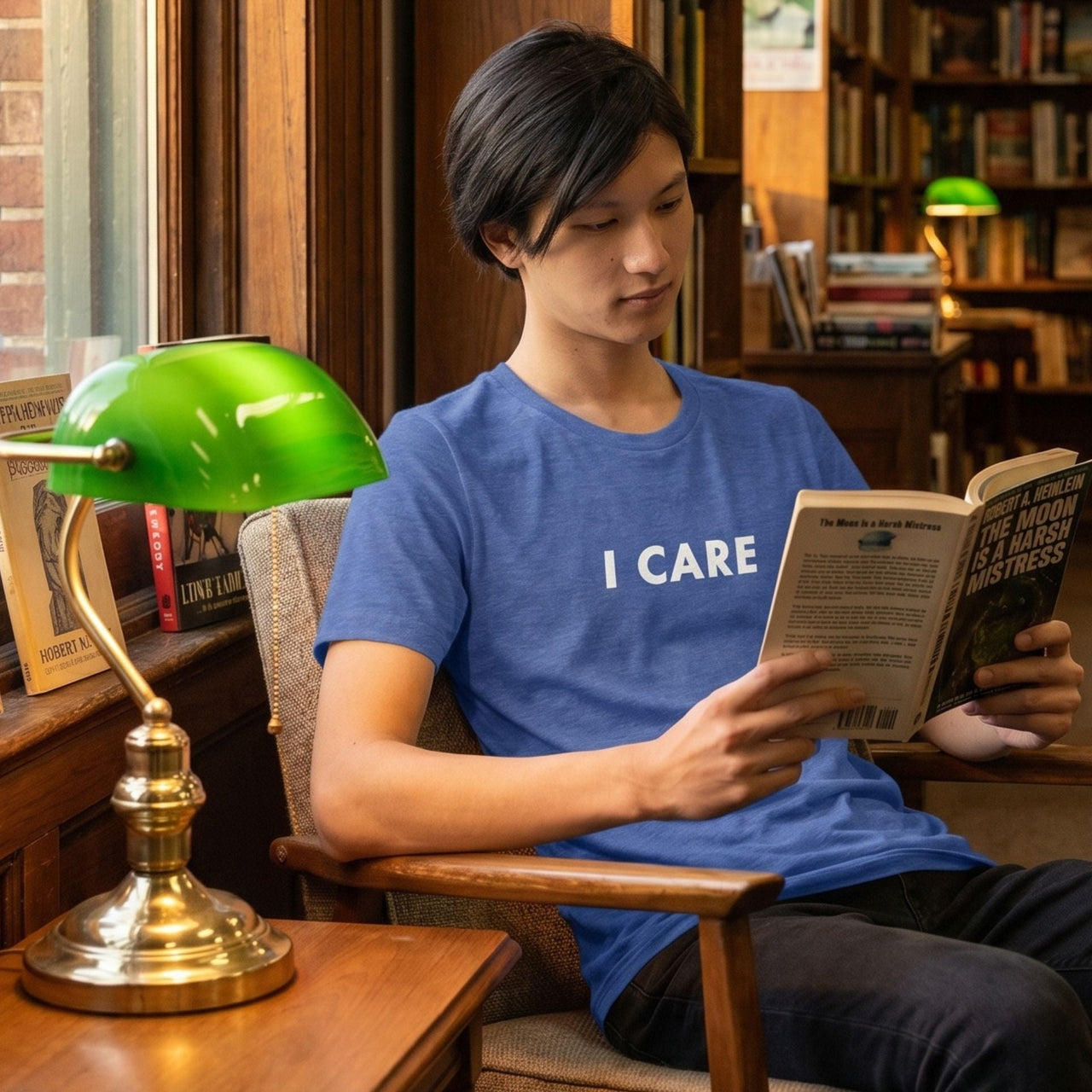 I Care retro-inspired graphic tee dark edition worn by person in mid-century modern setting — Galactic Ink Club
