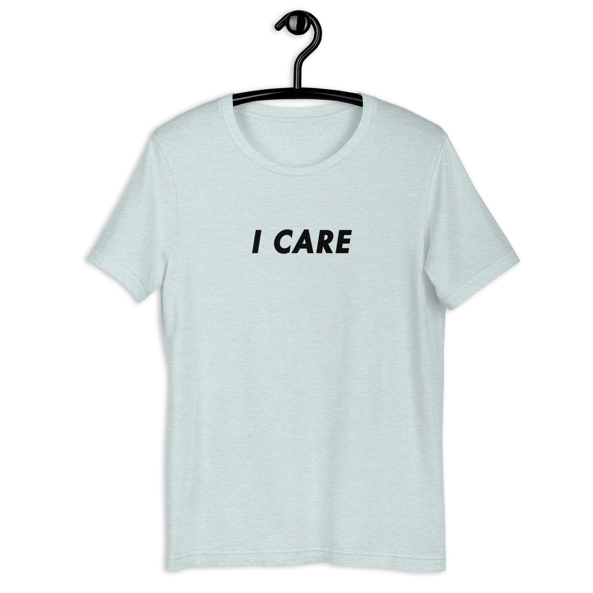 I Care retro-inspired light graphic tee in heather prism ice blue — Galactic Ink Club
