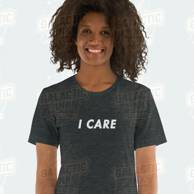 I Care retro graphic tee dark shirt by Galactic Ink Club