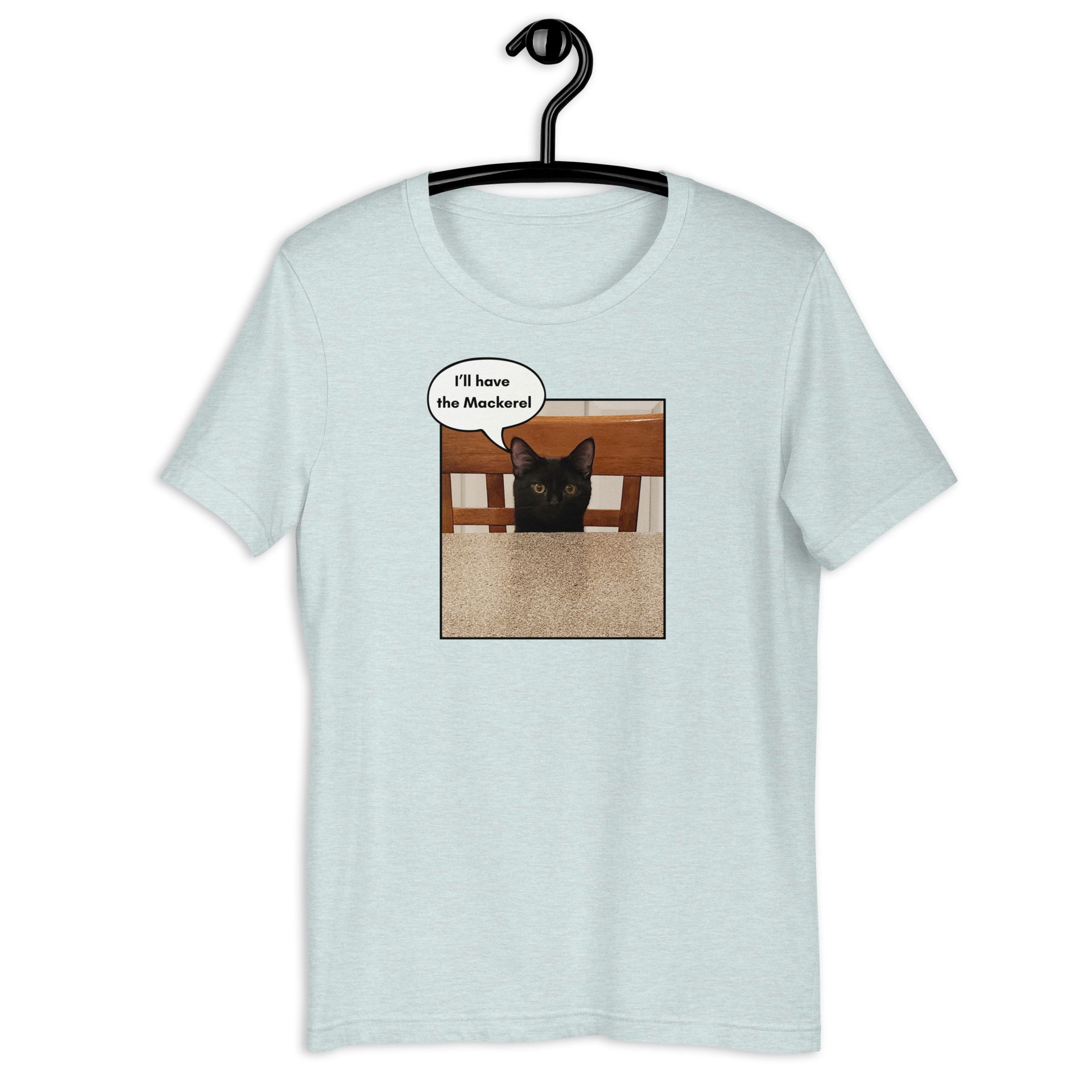I'll Have the Mackerel black cat tee in heather prism ice blue — Galactic Ink Club
