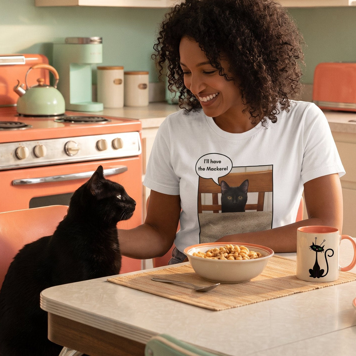 I'll Have the Mackerel retro-inspired black cat graphic tee in lifestyle setting — Galactic Ink Club
