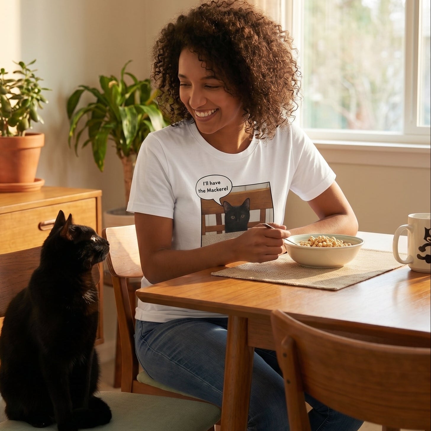  I'll Have the Mackerel retro-inspired black cat graphic tee in lifestyle setting — Galactic Ink Club