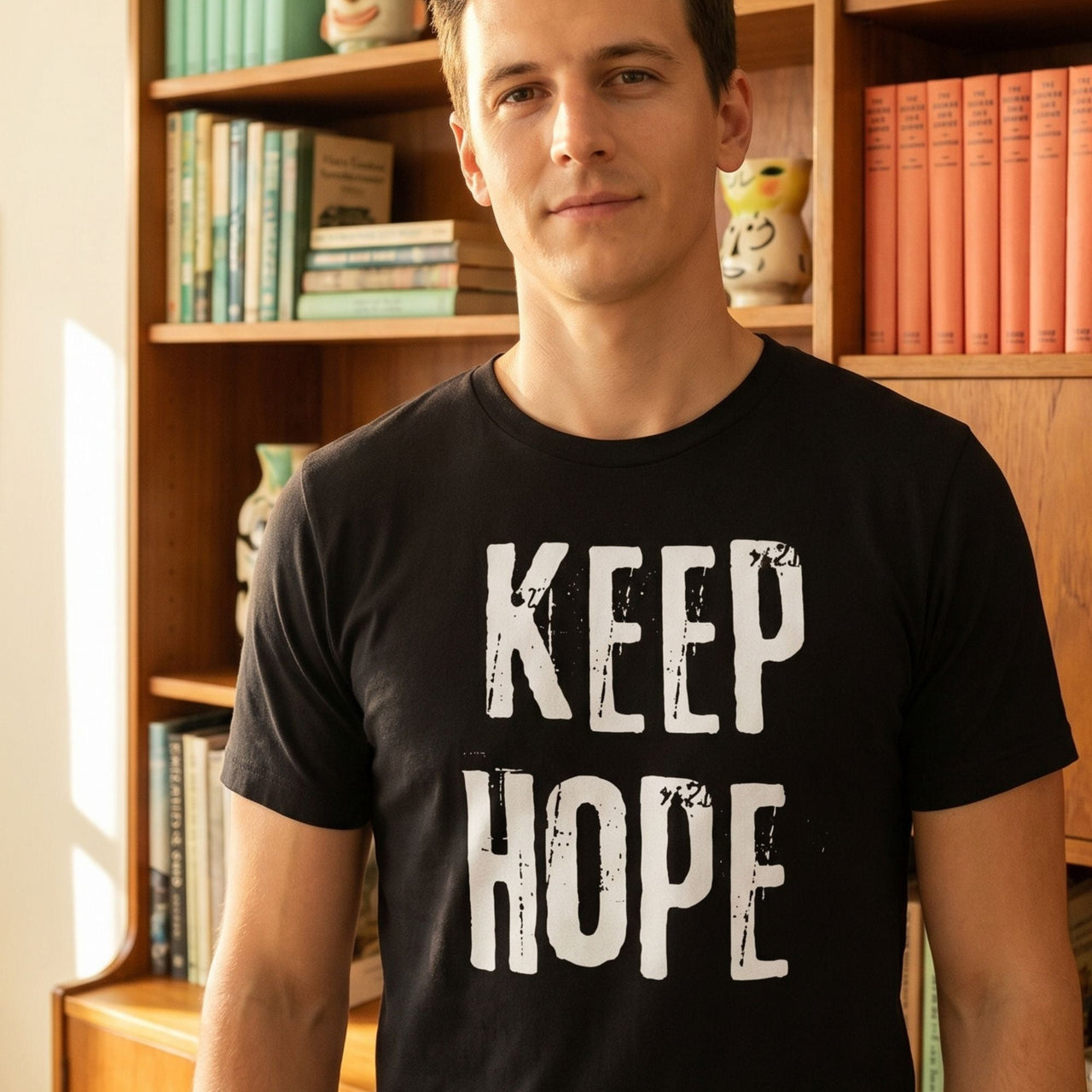 Hero: Keep Hope retro-inspired graphic tee dark edition worn by man in mid-century modern setting — Galactic Ink Club