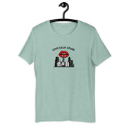Love Each Other retro-inspired graphic tee in heather prism dusty blue — Galactic Ink Club
