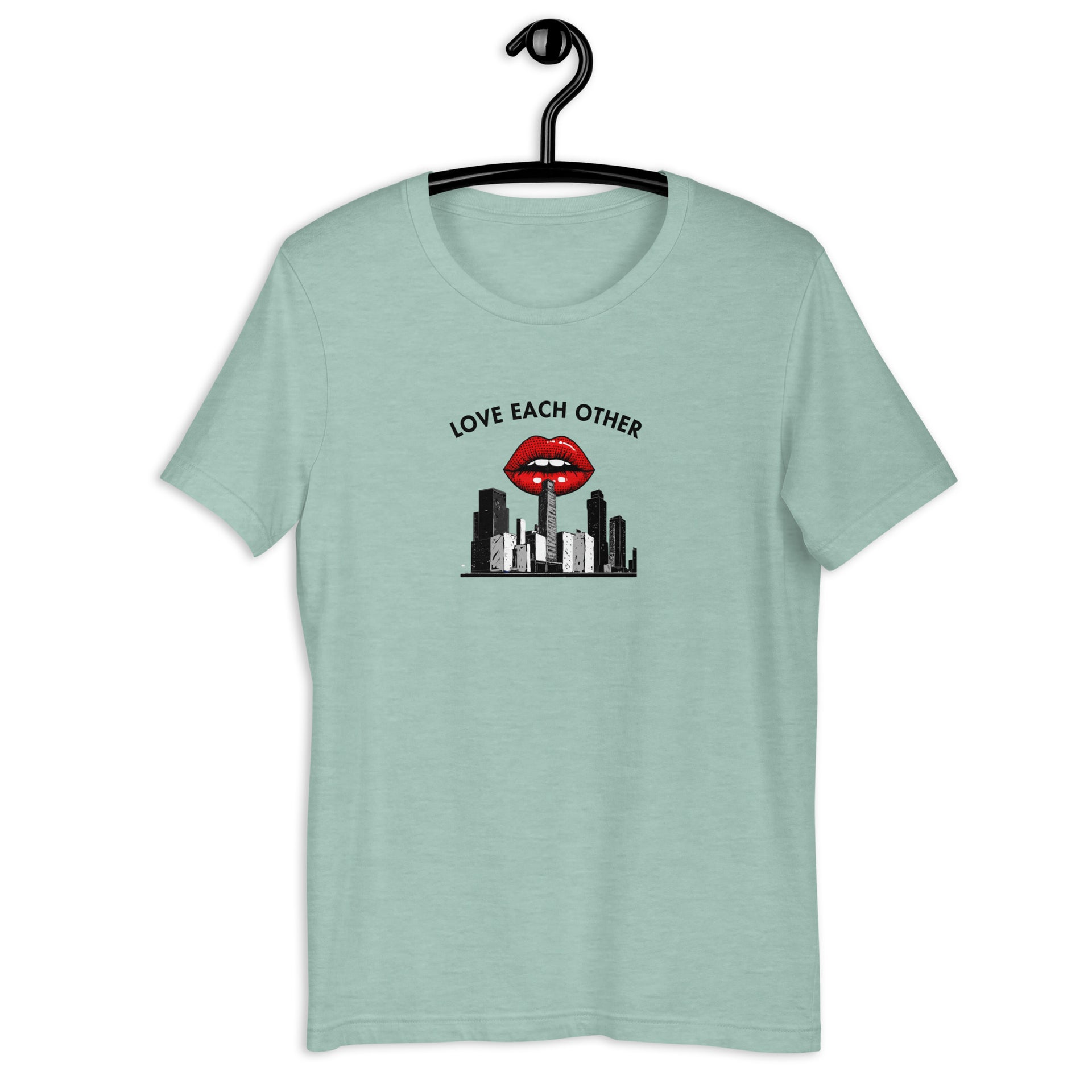 Love Each Other retro-inspired graphic tee in heather prism dusty blue — Galactic Ink Club
