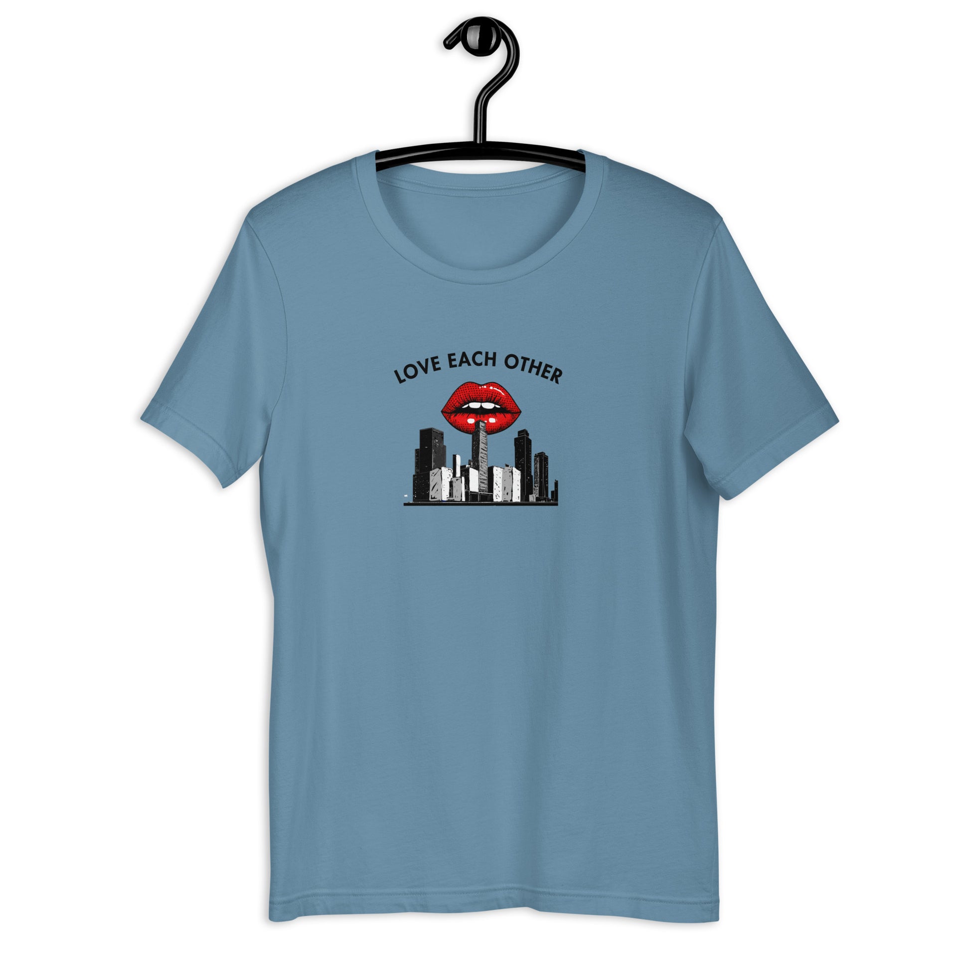 Love Each Other retro-inspired graphic tee in steel blue — Galactic Ink Club

