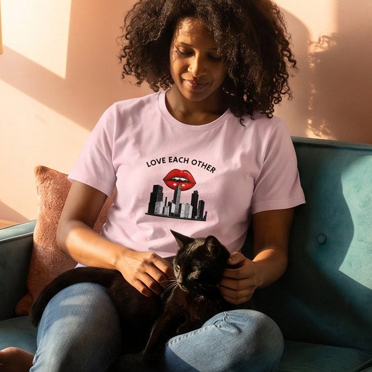 Love Each Other retro-inspired graphic tee worn by woman in mid-century modern setting — Galactic Ink Club

