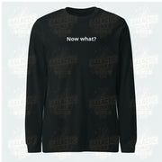Now What? retro-inspired long-sleeve graphic tee in black — Galactic Ink Club