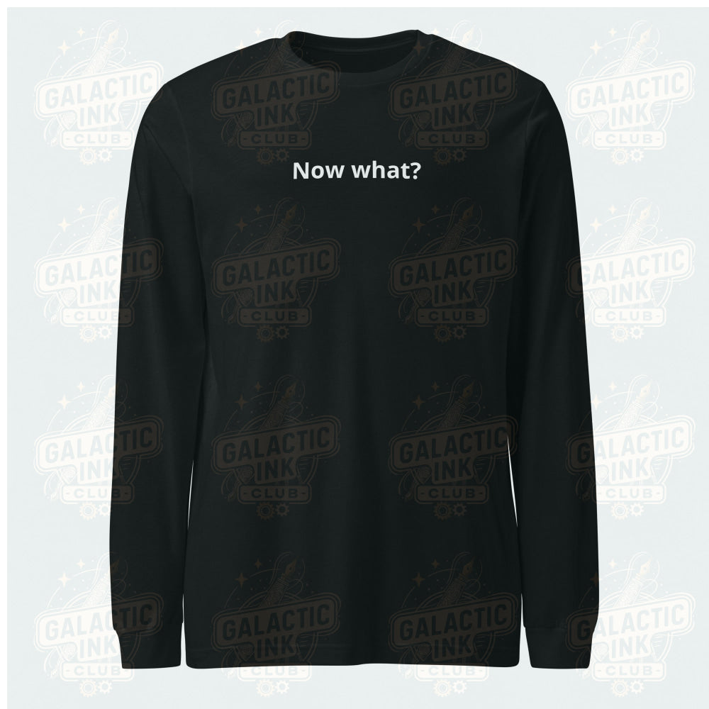 Now What? retro-inspired long-sleeve graphic tee in black — Galactic Ink Club