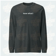 Now What? retro-inspired long-sleeve graphic tee in dark grey heather — Galactic Ink Club